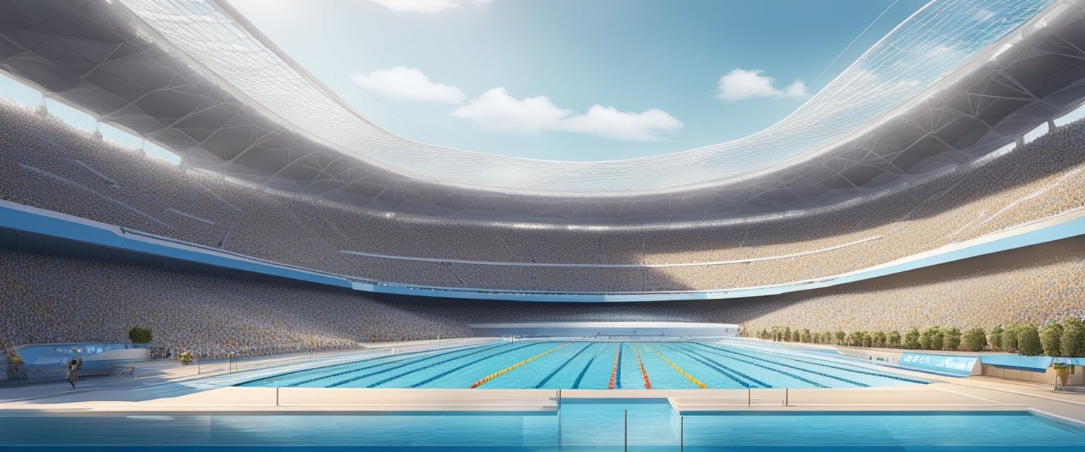 A grand Olympic swimming venue with a large pool, surrounded by seating for spectators, and adorned with the iconic Olympic rings