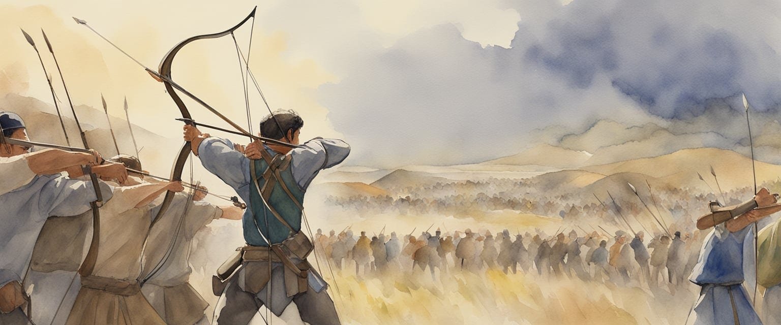 An archer draws back the bowstring, aiming at the distant target. The crowd watches in anticipation as the arrow is released, soaring through the air towards the bullseye