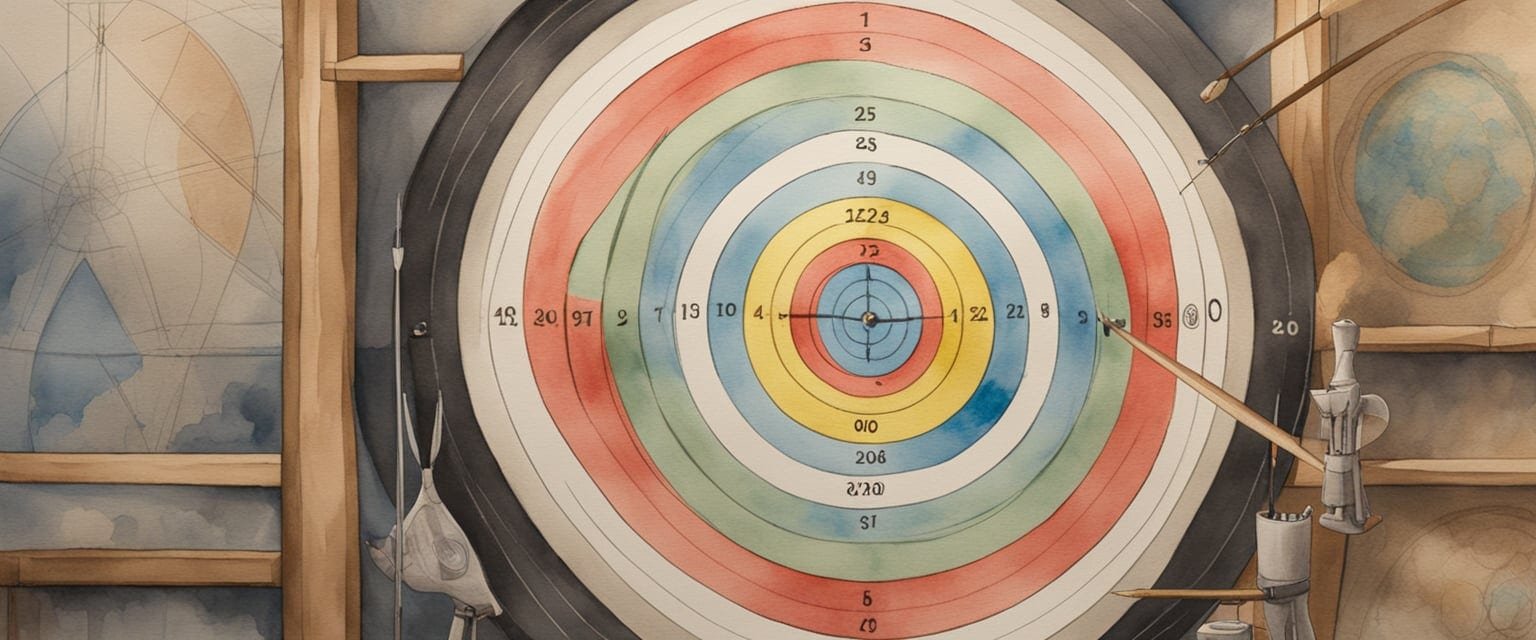 An archery target with Olympic rings in the background, surrounded by historical archery equipment and evolution timeline