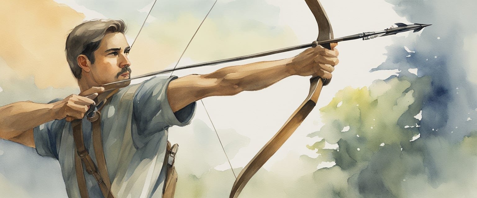 An archer draws back the bowstring, aiming at the target downrange. The tension in the air is palpable as the arrow is released, soaring through the air towards its mark