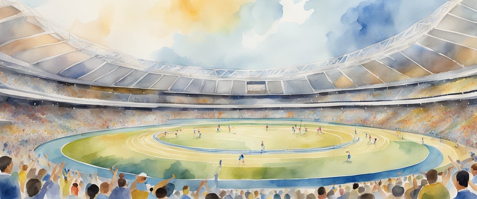 Athletes compete in various Olympic events, from track and field to swimming, showcasing strength and agility. The stadium is filled with cheering spectators, and the Olympic rings proudly hang overhead