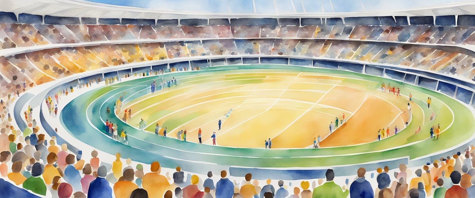 An Olympic stadium filled with cheering fans, athletes competing in various track and field events, and medals being awarded on a podium