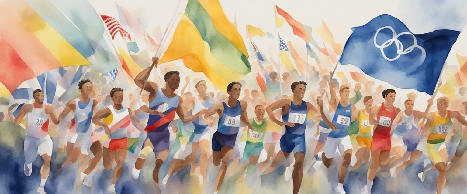 Athletes competing in various Olympic sports, surrounded by cheering crowds and colorful flags