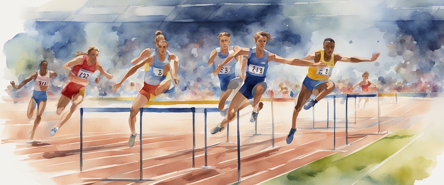 Athletes racing on a track, jumping over hurdles, throwing javelins, and high jumping, with a crowd cheering in the background