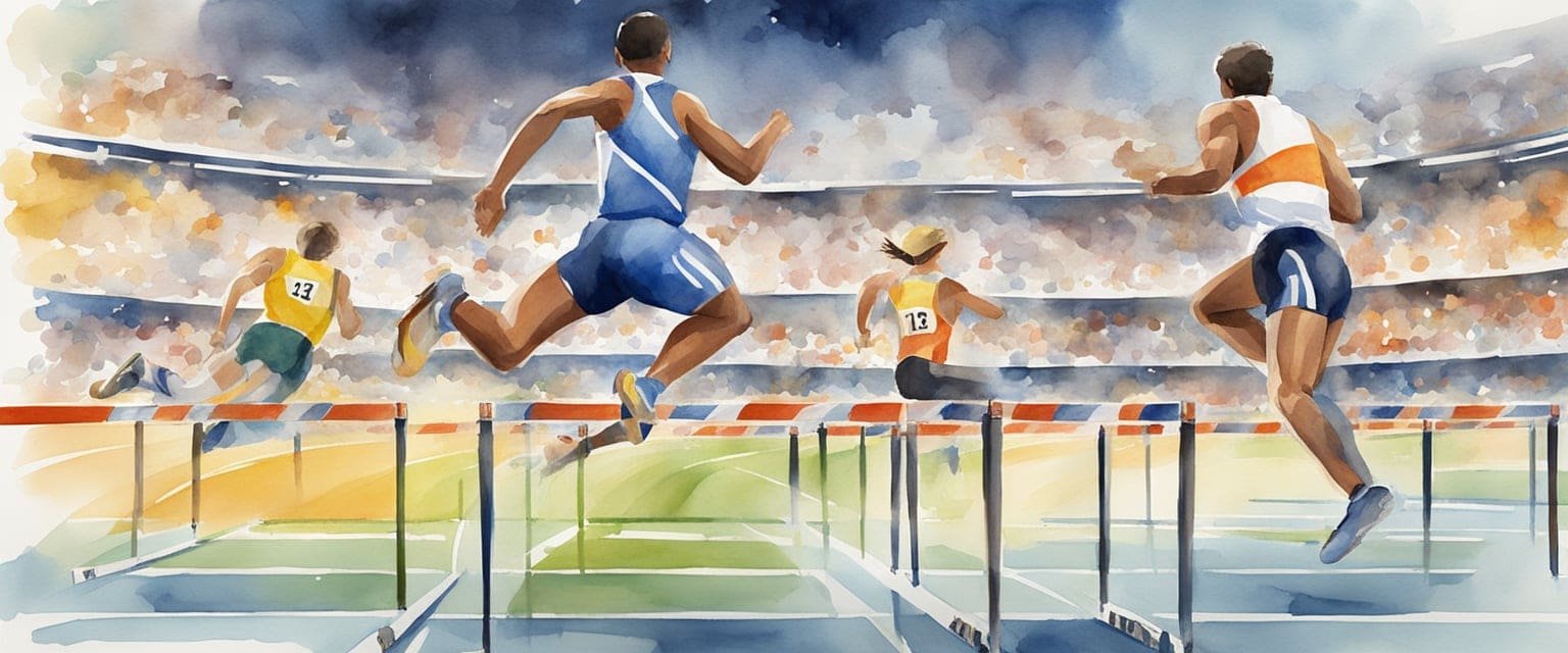 Athletes racing on a track, jumping over hurdles, and throwing javelins and discuses in a stadium filled with cheering spectators