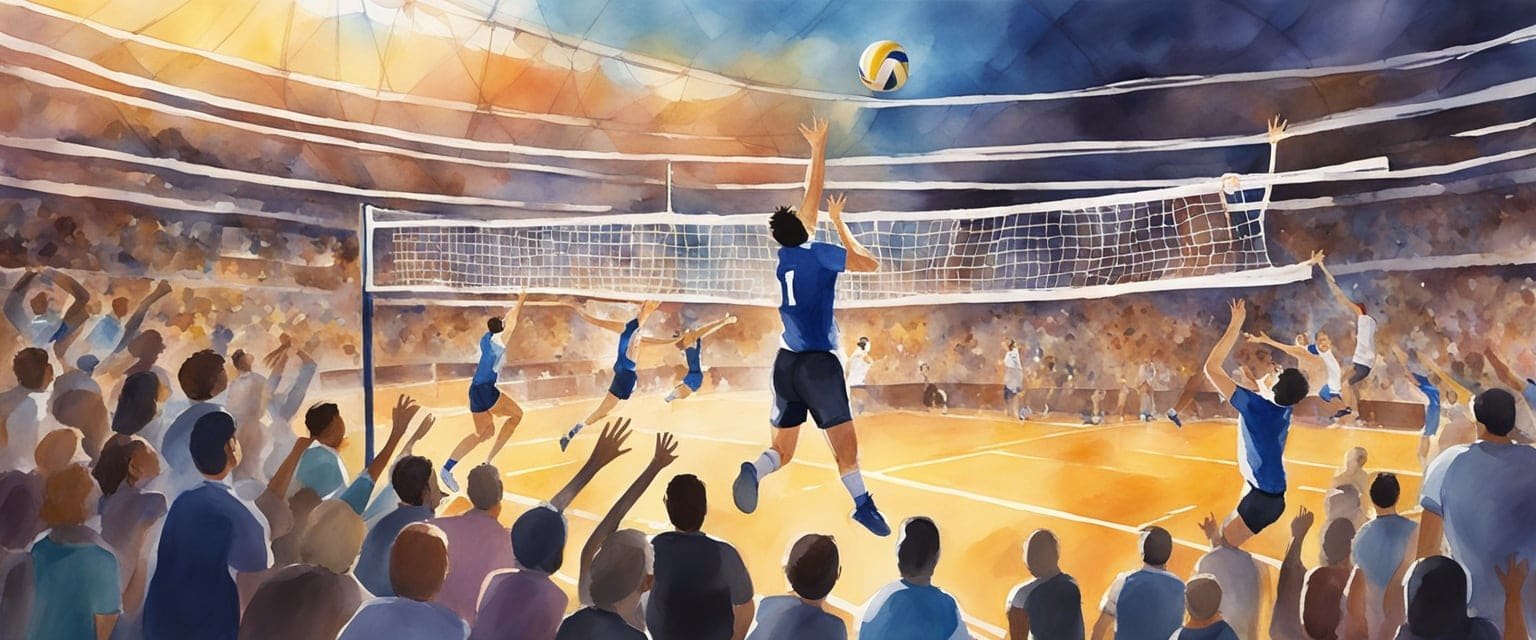 A volleyball soaring over the net in a packed stadium, players leaping and diving, intense focus on their faces. The crowd roars with each spike and block, creating a thrilling atmosphere