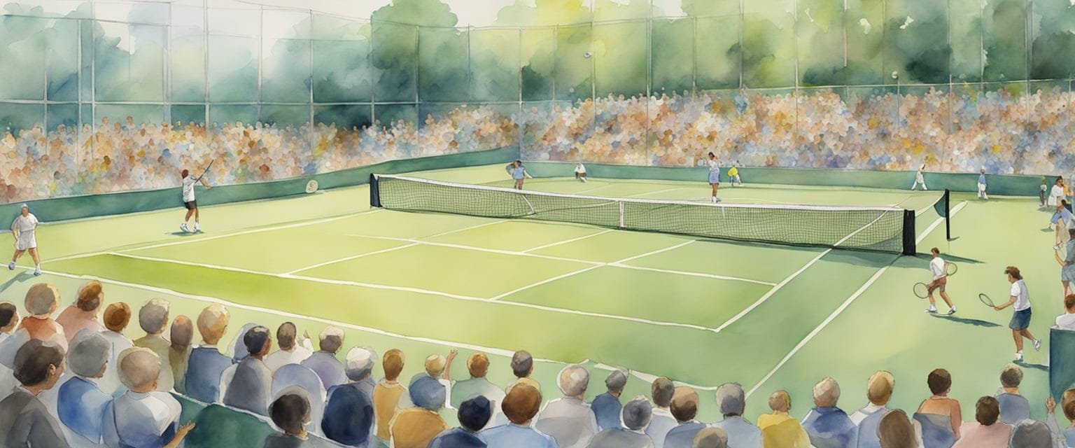 A tennis court with Olympic rings on the net, players in action, and spectators cheering in the stands