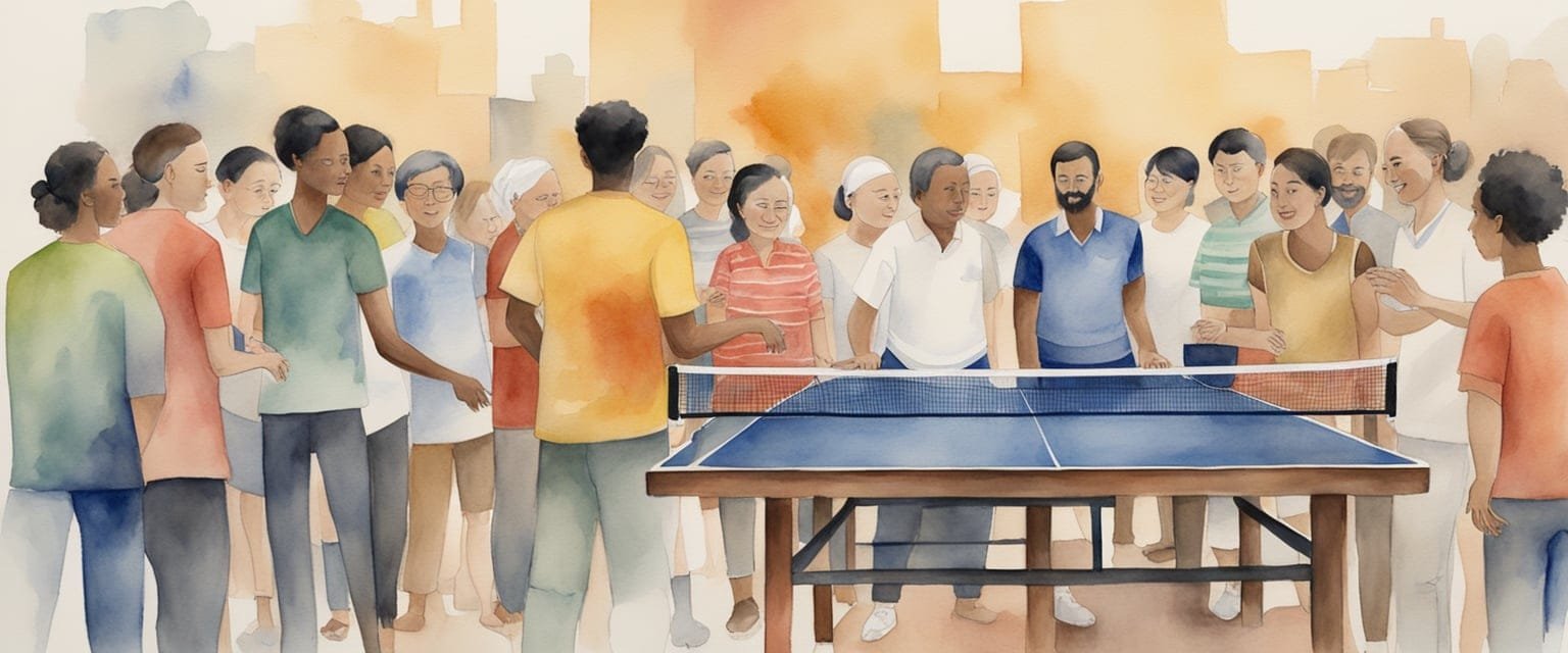 A diverse group of people from around the world gather around a table tennis table, showcasing the global cultural impact of the sport