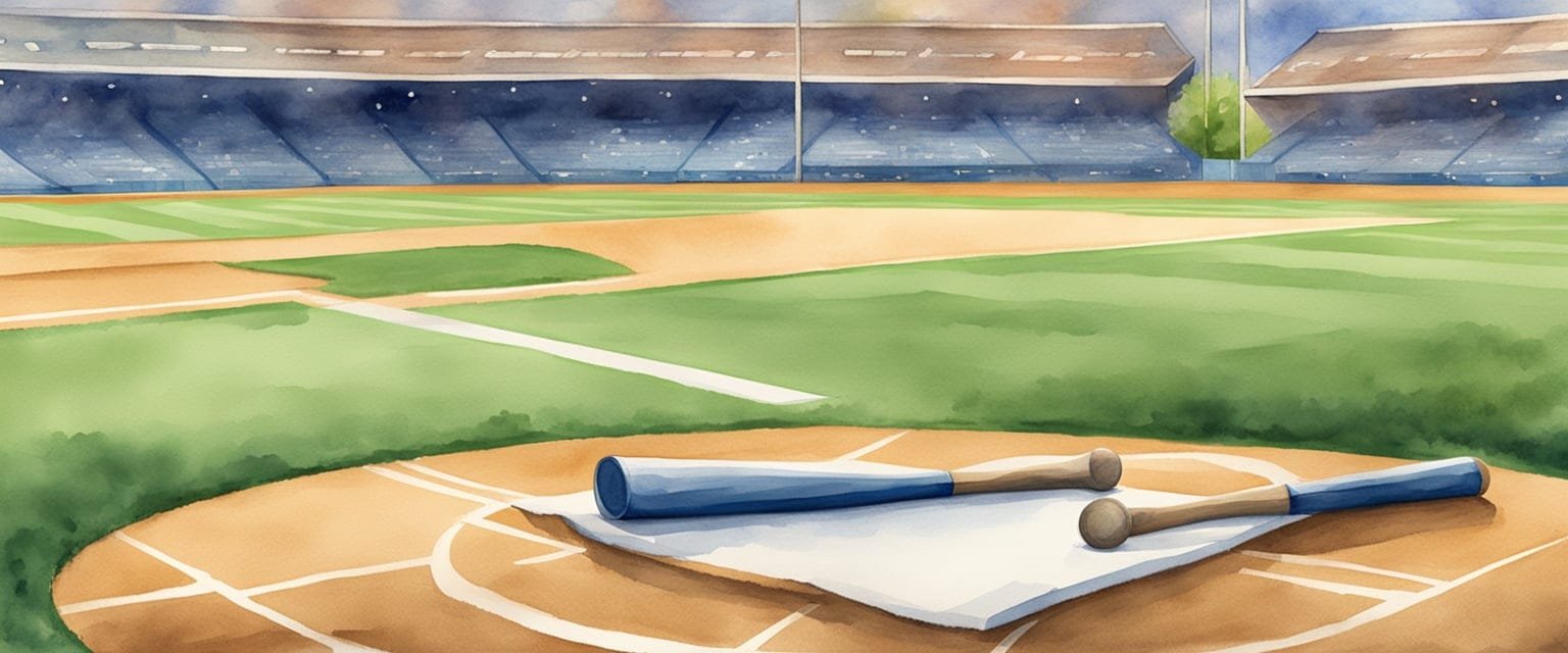 A baseball and softball bat lay crossed on a field, with a scoreboard in the background displaying the Olympic rings