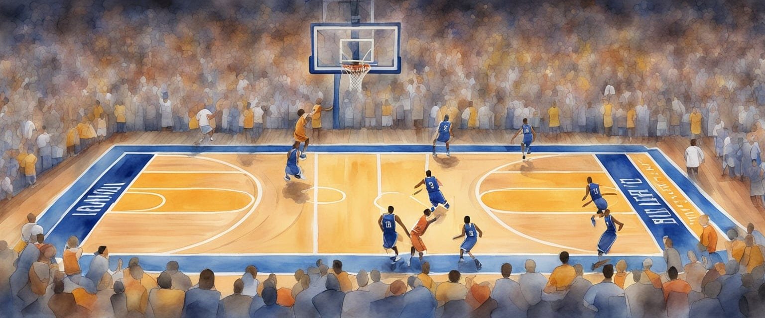 A basketball court with teams' logos and athletes in action