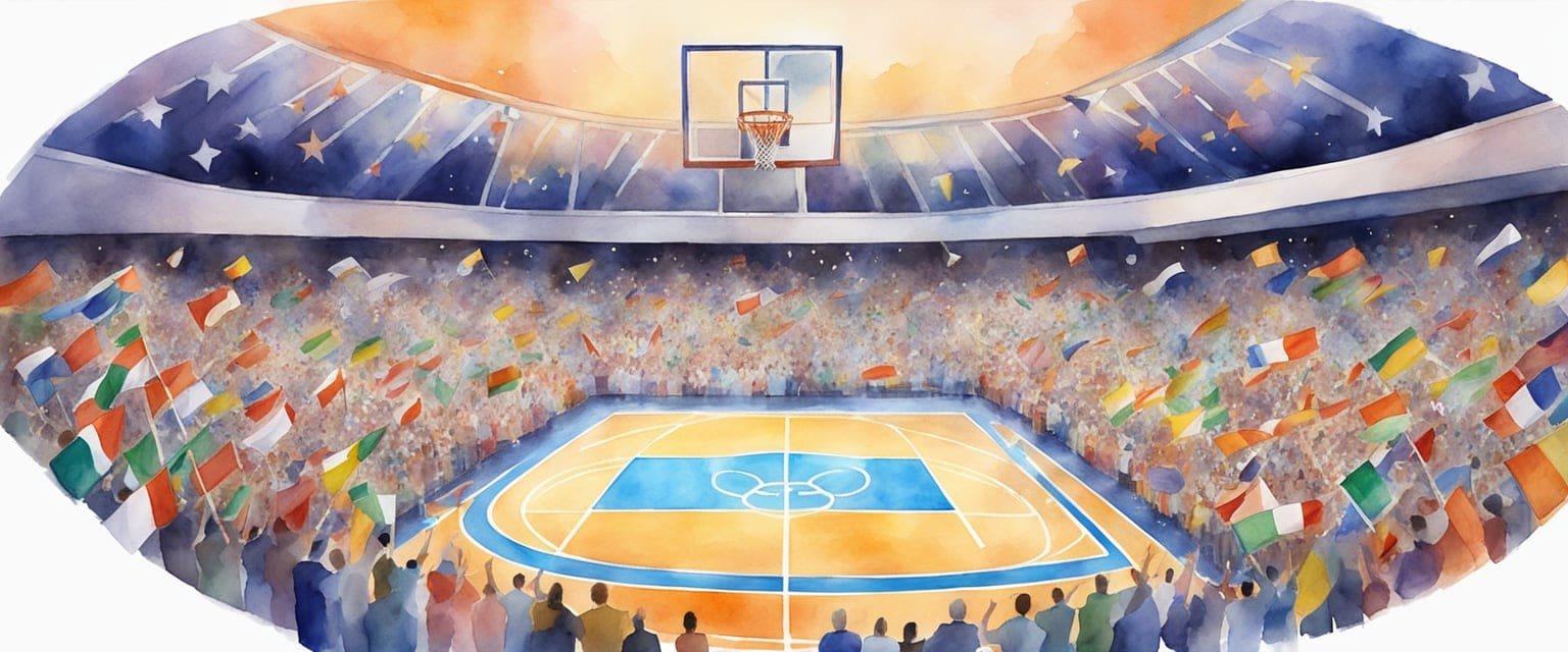 A basketball court with Olympic rings on the floor, surrounded by cheering fans and international flags