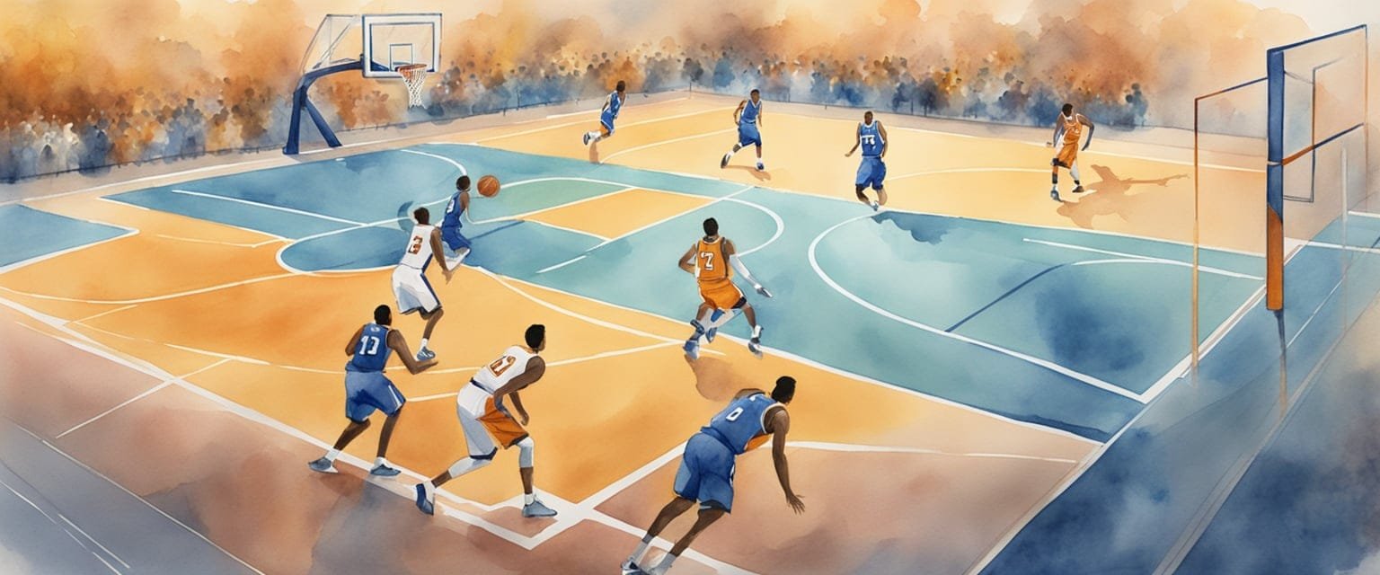 A basketball court with three players on each team, competing in a fast-paced 3x3 game. The players are dribbling, passing, and shooting on a half-court with a shot clock ticking down