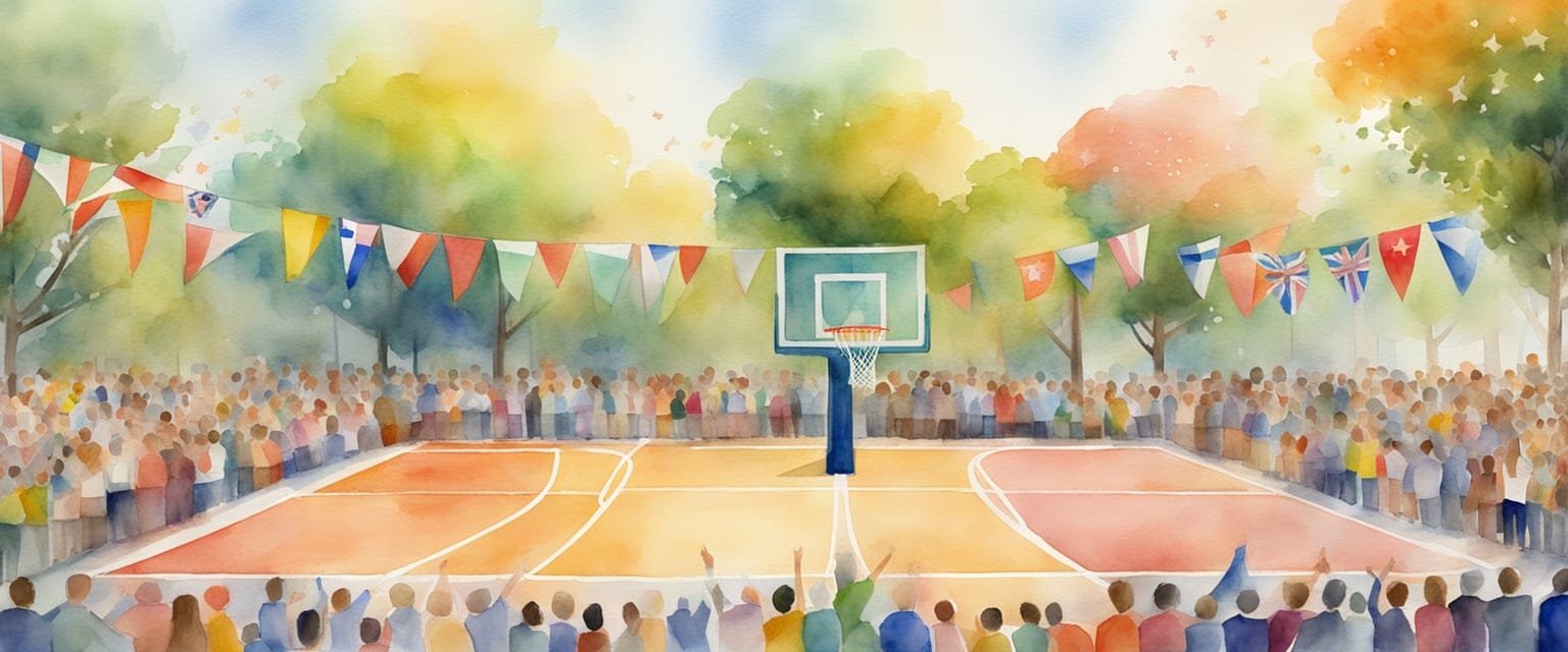 A vibrant outdoor basketball court with three hoops, surrounded by a cheering crowd and flags from various countries