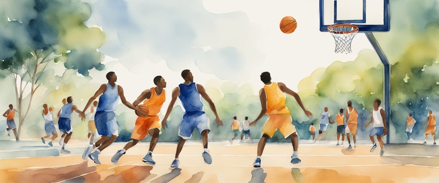 An outdoor basketball court with three players on each team competing in the fast-paced and intense Olympic 3x3 Basketball Tournament