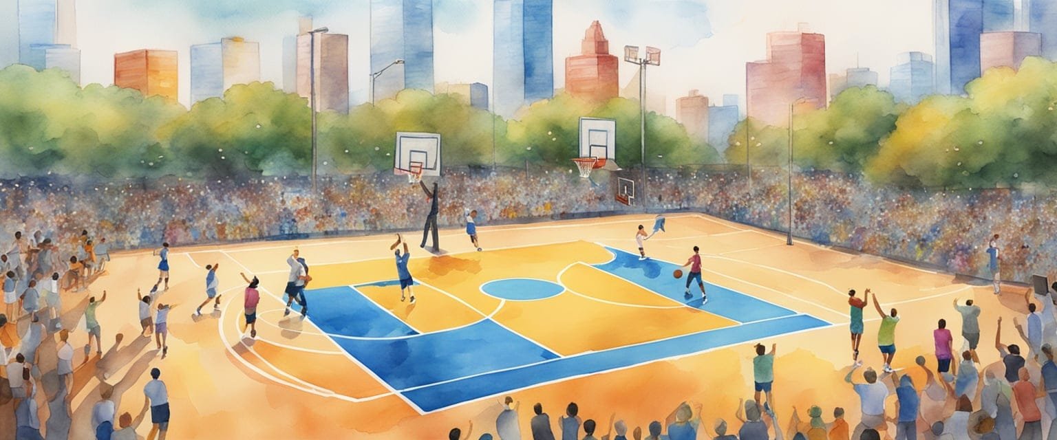 A vibrant 3x3 basketball court with Olympic branding, surrounded by cheering crowds and towering city skylines in the background