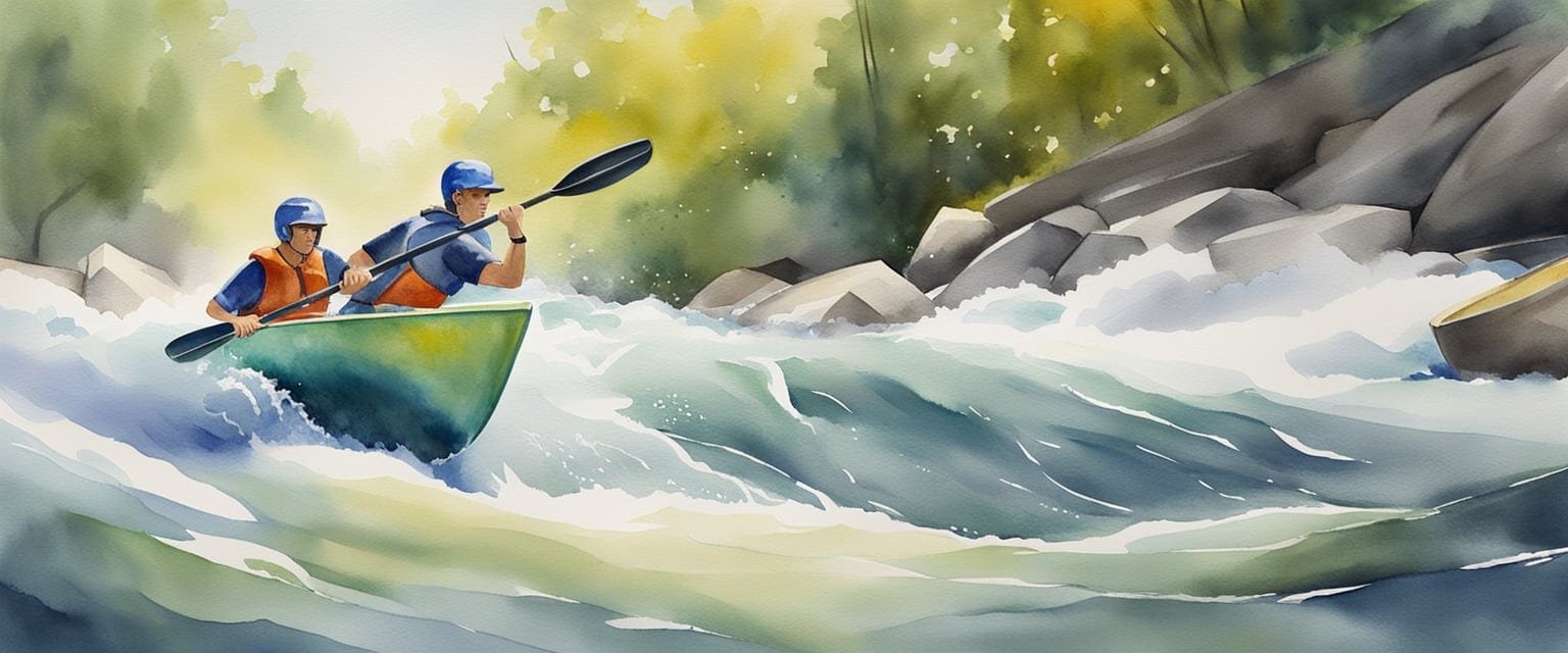 A sleek canoe navigates through gates on a whitewater course, with paddles slicing through the rushing water. The athlete utilizes advanced technology to maneuver and maintain speed