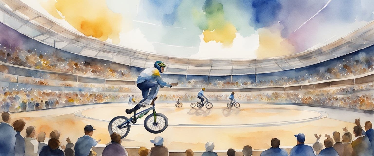 A BMX rider performing tricks in an Olympic arena, surrounded by cheering spectators and judges with scorecards. The competition format and rules displayed prominently