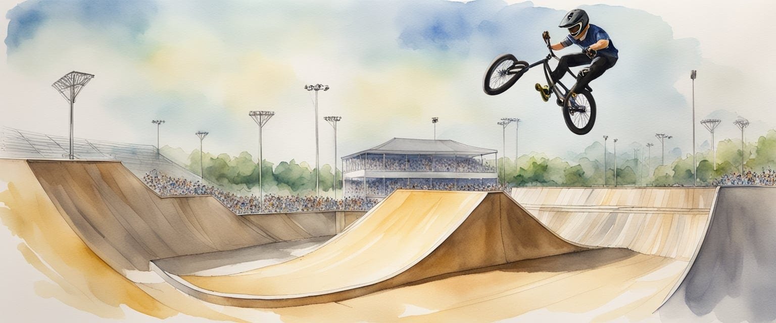 A BMX rider performs a gravity-defying trick over a series of ramps and obstacles, showcasing the athleticism and skill required for Olympic Cycling BMX Freestyle