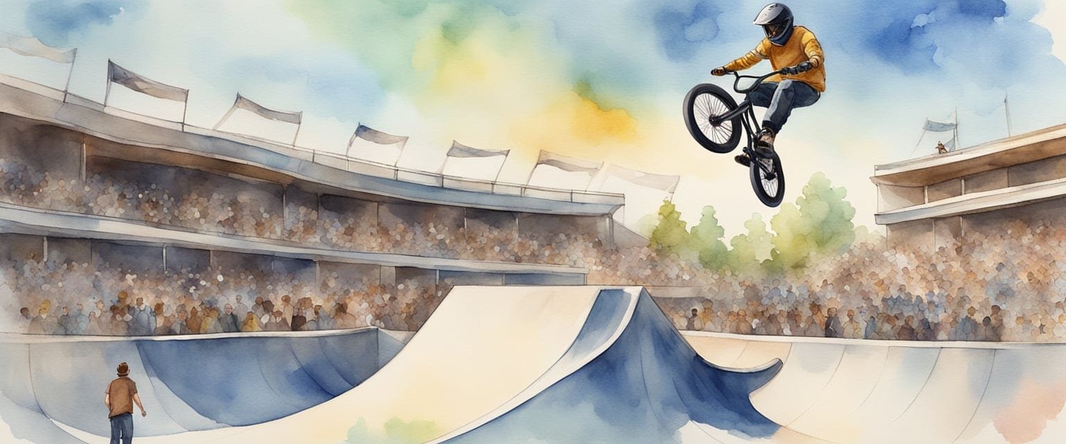 A BMX rider soaring high above a halfpipe, executing a flawless tailwhip while the crowd cheers in the background