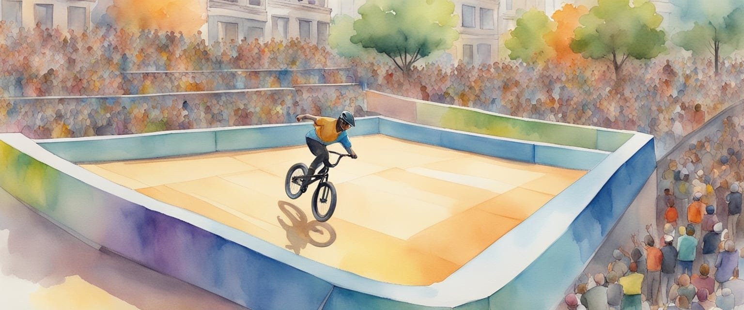 A BMX rider performs a gravity-defying trick on a colorful, urban-inspired course, with a global audience cheering in the background