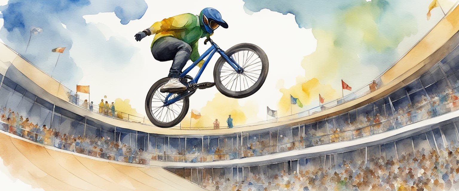 A rider performs a high-flying trick over a BMX ramp, with the Olympic rings prominently displayed in the background. The crowd cheers as the athlete showcases their skill and athleticism in the exciting sport of BMX Freestyle