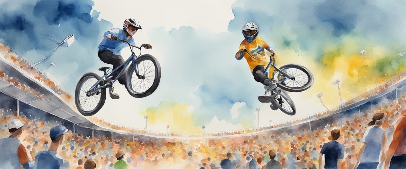 A BMX rider soaring through the air, performing gravity-defying tricks on a state-of-the-art Olympic course, with a cheering crowd and an electrifying atmosphere