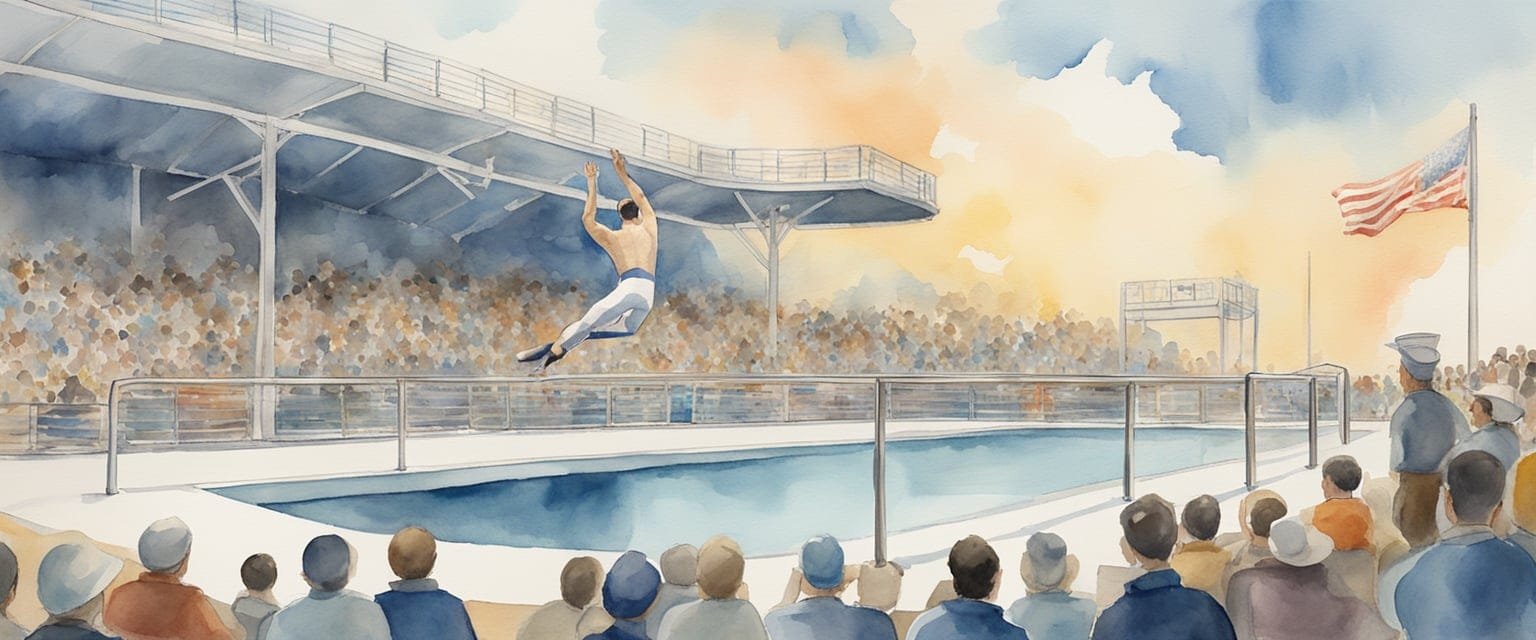 A diver poised on the edge of a high diving board, with the Olympic rings in the background and a crowd of spectators cheering