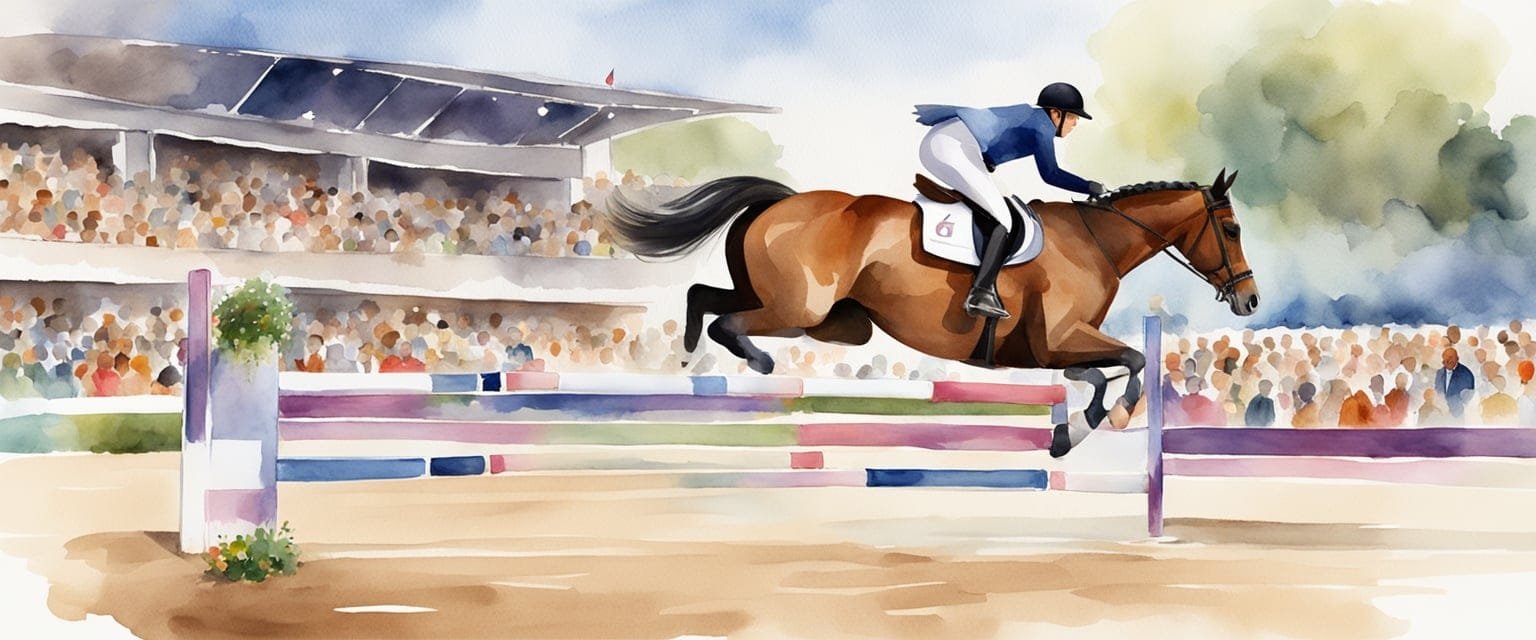 Equestrian event at the Olympics: A horse gracefully jumping over a series of obstacles in an arena, with spectators cheering in the background