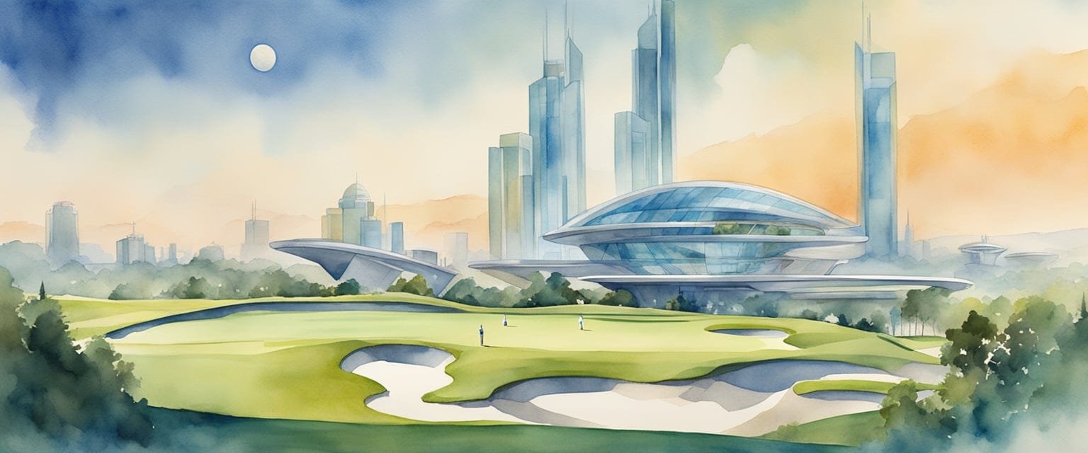 A futuristic golf course with high-tech equipment and sleek, modern architecture, set against a backdrop of advanced cityscape and cutting-edge technology