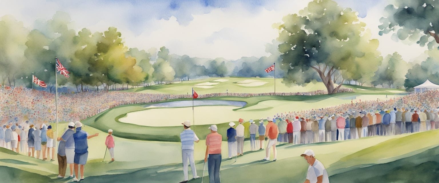 A pristine golf course with flags fluttering in the breeze, surrounded by a diverse crowd of spectators from around the world