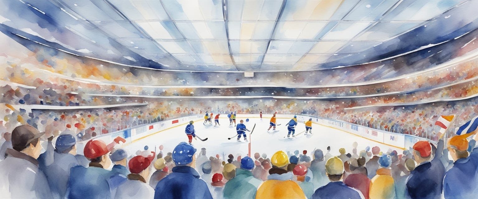 Hockey players compete on ice rink in Olympic arena, surrounded by cheering fans and national flags