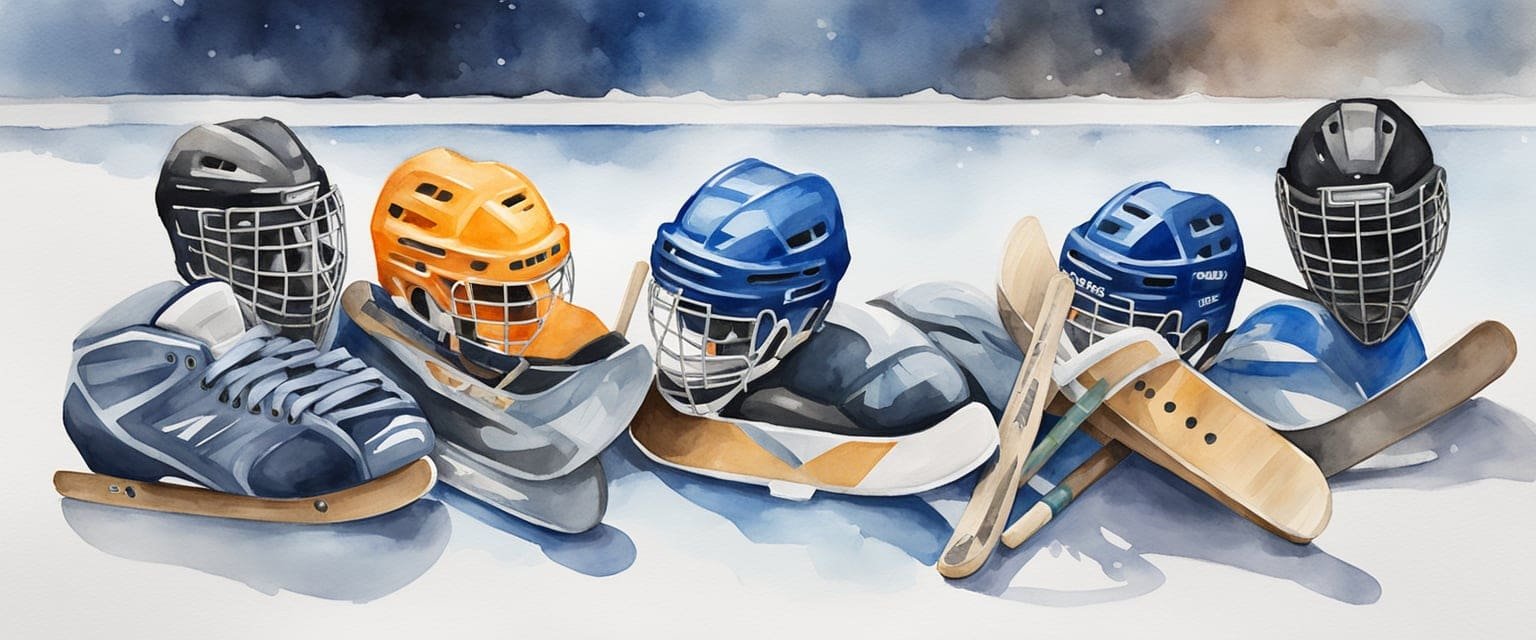 A pile of hockey equipment including sticks, helmets, pads, and skates arranged neatly on the ice rink, ready for a game