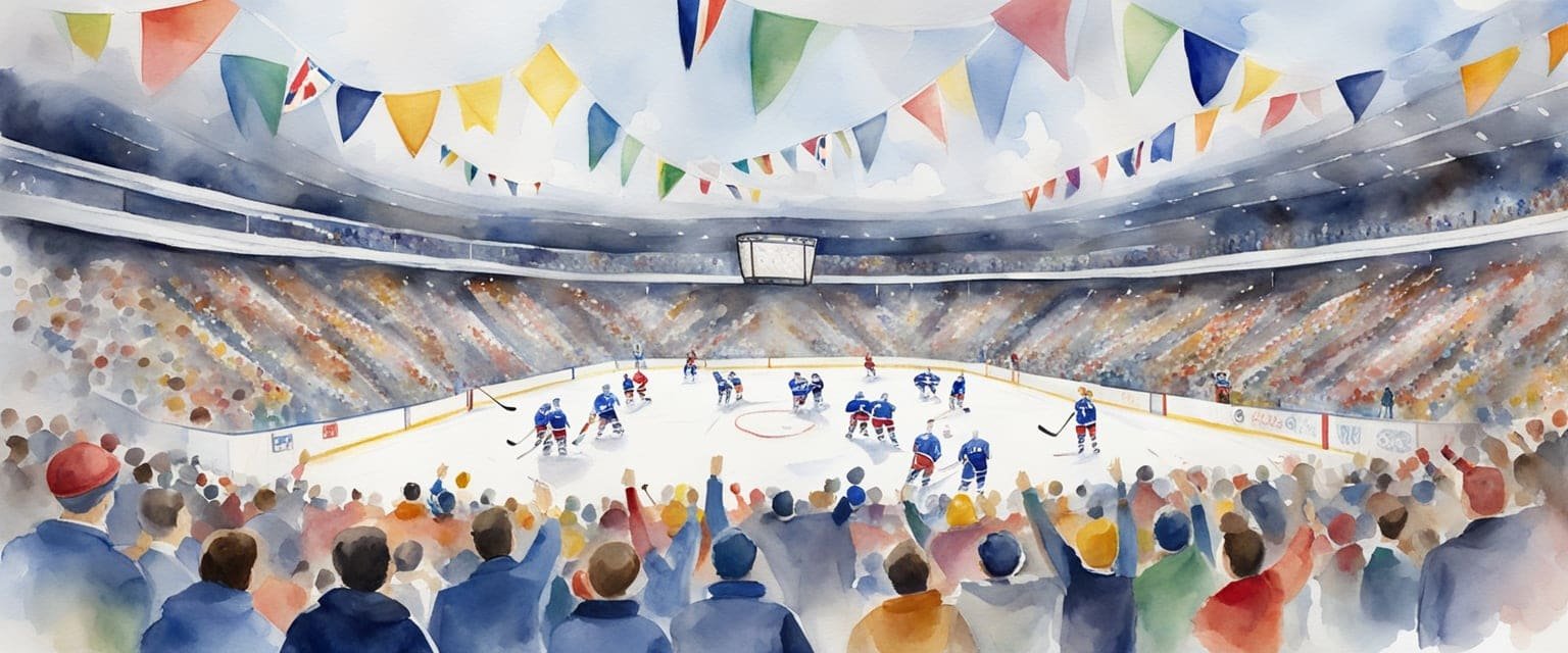 A hockey rink filled with cheering spectators, Olympic flags waving, and teams competing for the ultimate victory in the history of Olympic Hockey