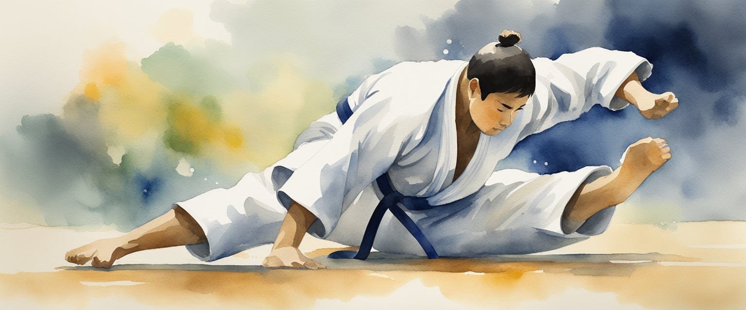 A judo athlete executing a perfect throw on the mat