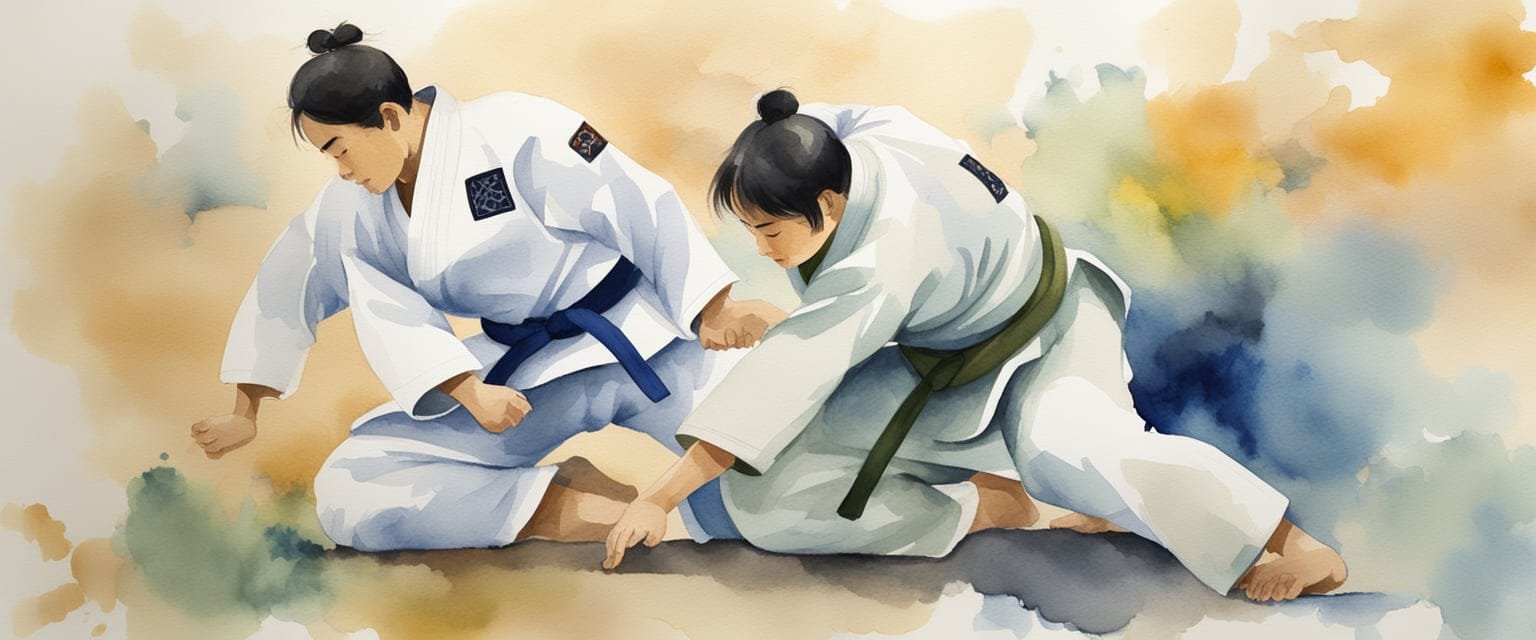 A judo mat with two athletes in traditional judogi, executing throws and holds, surrounded by symbols of philosophy and culture