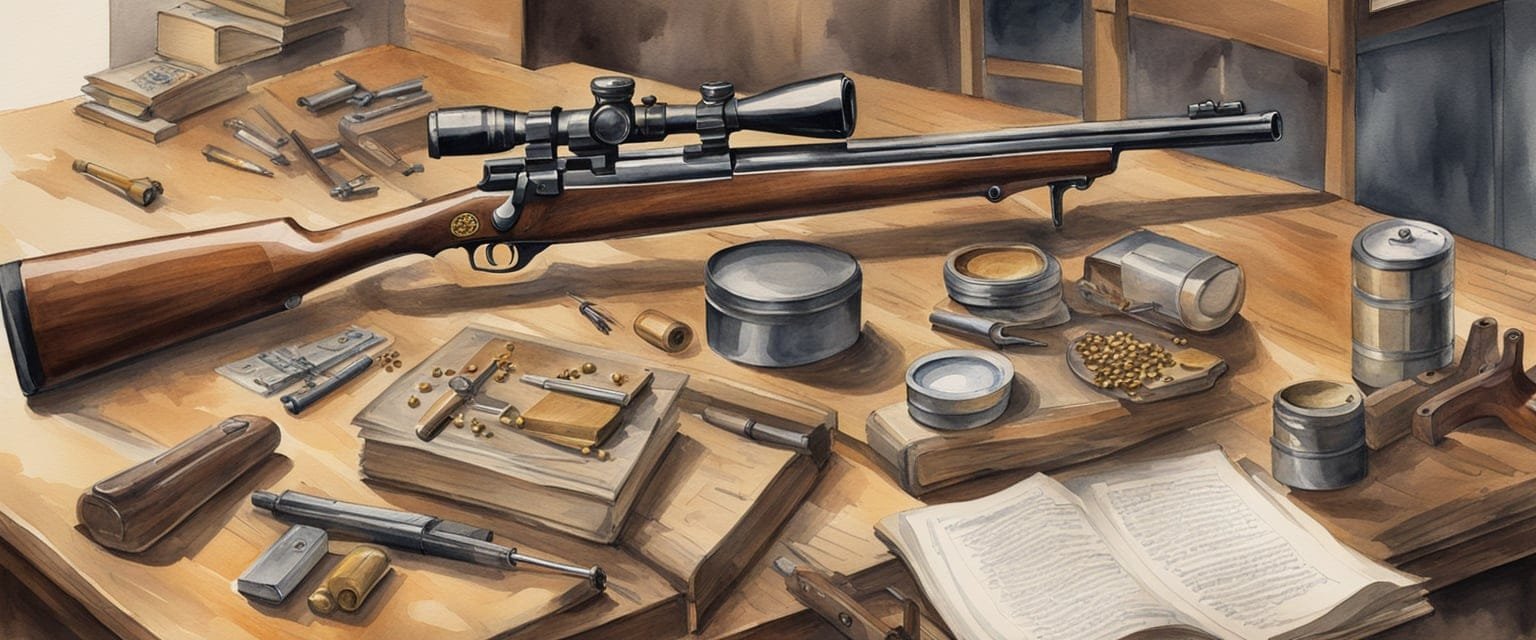 The Olympic Shooting guidebook lies open on a wooden table, surrounded by various types of firearms and ammunition. The room is filled with the scent of gunpowder and the sound of clinking metal as shooters practice their aim