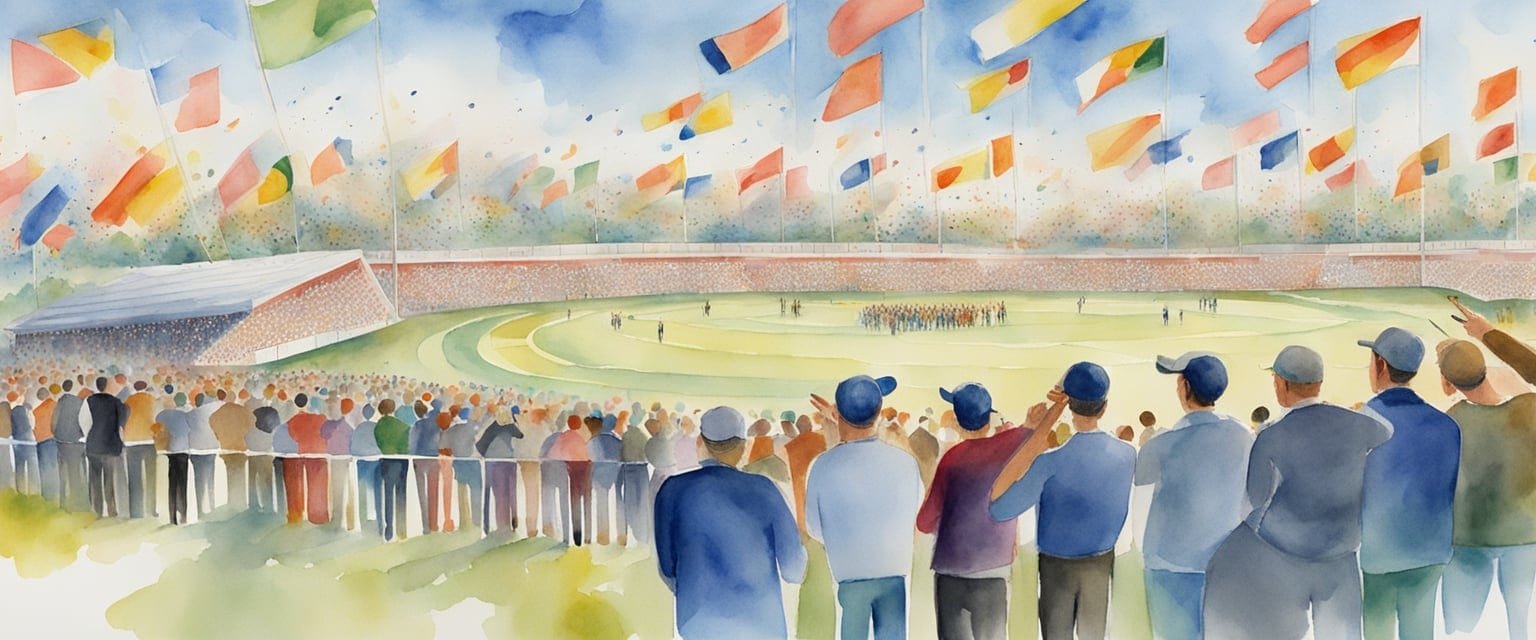 A crowd watches as shooters aim at targets in an Olympic shooting event, cheering and waving flags in support