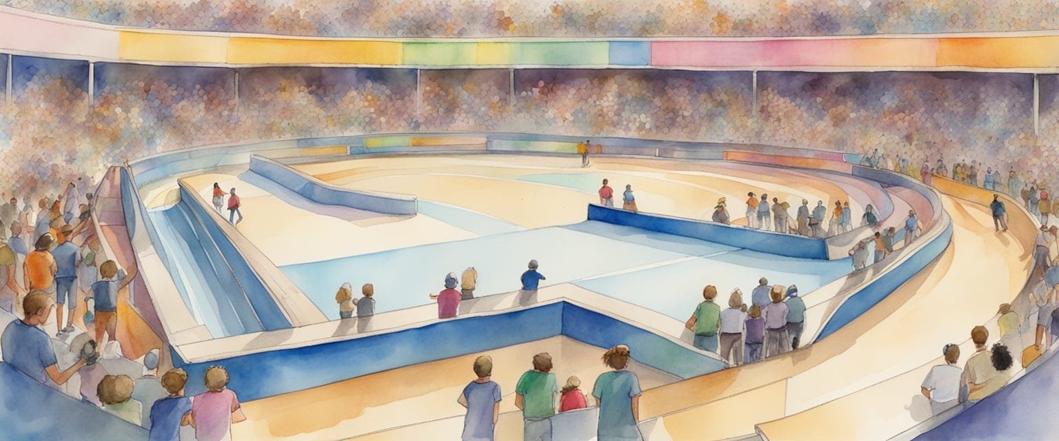 A dynamic skateboarding course with ramps, rails, and halfpipes, surrounded by cheering spectators and colorful banners