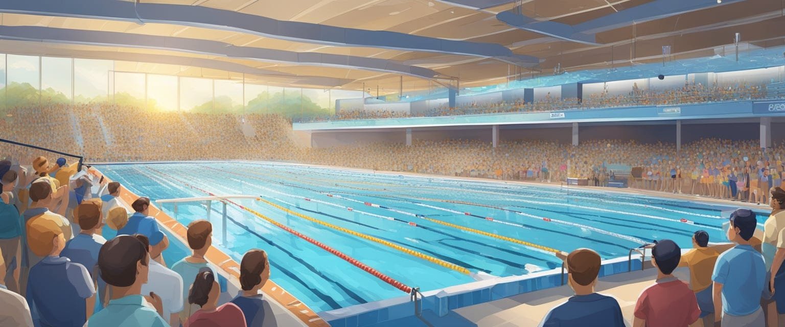 A pool with clear blue water, marked lanes, and a starting block. A large scoreboard and a crowd of spectators in the background